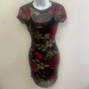 Vintage Sheer Mesh Roses Floral Mini Dress Black and Red S/XS
